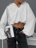 White Collar Sexy Open-Navel Design Sense Asymmetric Sleeve Shirt 2025 Autumn Fashion New Top 68HZ