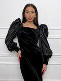 Black Sexy Temperament Collar Bubble Sleeve Knitting Korean Straight-Up Dress Stylish Dress 68HZ