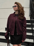 2025 Autumn Wine Red Collar Long-Sleeved Coat Women Slimming Trend High Street Leather Jacket 68HZ