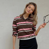 Vintage Striped Knitted Long-Sleeved Polo Shirt Straight Shoulder T-Shirt 2025 Autumn Niche Blouse Woman 68HZ