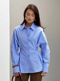 Vintage Design Sense Irregular Striped Shirt Female Senior Pressure Folded Waist Long Sleeve Commuting Top 68HZ