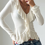 Knitting Body V Collar Lotus Leaf Side Design T-Shirt Commuting Women's Clothing 2025 Autumn And Winter New 68HZ