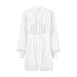 Spring 2025 New Cotton Straight Collar Lantern Sleeve Fashion Lotus Leaf Side White Dress With Short Skirt 68HZ