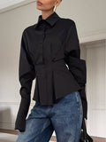 Court-Style White Cotton Shirt Female High-End Luxury Folding Waist Long-Sleeved Collar Shirt 68HZ