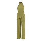 2025 Spring And Summer Design Sense Green Sleeveless Neck Vest Broad Foot Pants Two Sets Of Fashion Set Commuting Woman 68HZ