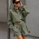 Vintage Wind Green Windy Windwear Autumn Free Small Standing Collar Long Sleeve With Open Shorts Casual Set 68HZ