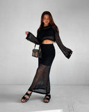 Spring And Summer Thin Knitted Netted Short Suit Dress Summer Women Two Sets Of Long-Sleeved Tops Sexy Half-Body Dress 68HZ