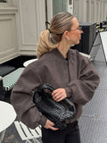 Autumn/Winter Vintage Gray Velvet Knitting V-Neck Long-Sleeved Loose Coat Casual Commuter Jacket Outerwear 68HZ