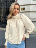New Fashion Collared Jersey Bubble Sleeve Personality Shirt French Temperament Spring And Summer Long Sleeve Top Lady 68HZ