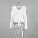 Autumn New Fashion White Cunt Casual Lotus Side Sexy Temperament With Long-Sleeved Ladies Shirt 68HZ