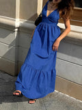 French Holiday Style Blue Cotton-Cotton V-Necked Ribbon Ribbon Dress 2025 New Long Dress 68HZ